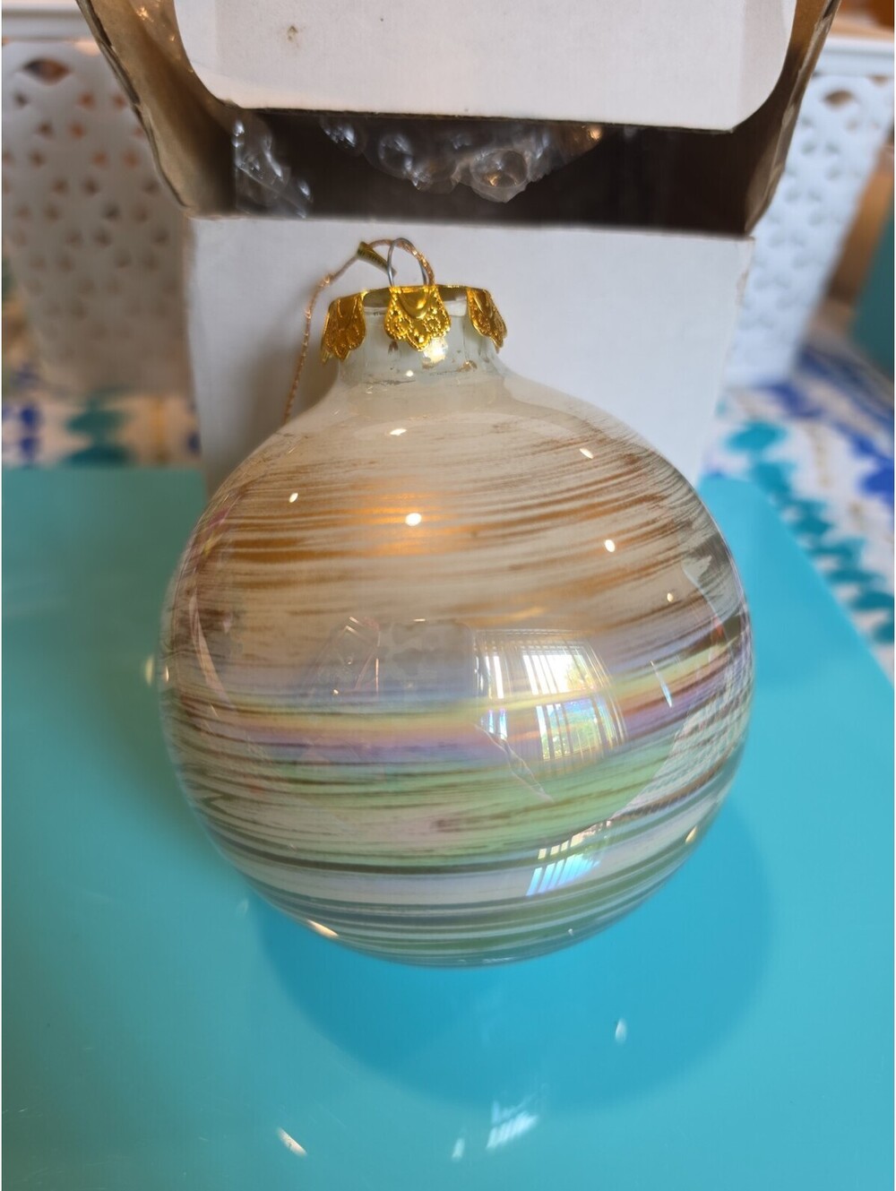 Vintage Blown Glass White Iridescent Christmas Tree Ornament 3”